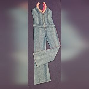 JLo By Jennifer Lopez Distress Sleeveless Denim Jumpsuit with Pink Piping-M.